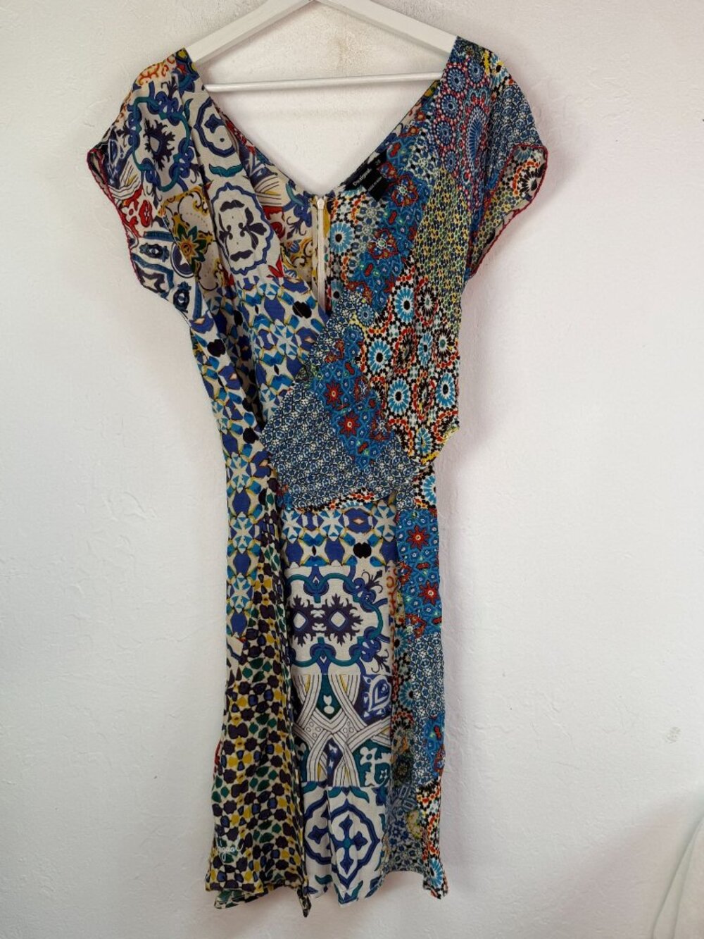 DESIGUAL Womens Mosaic Patchwork Print Wrap Dress Blue Multi Boho V-Neck Size 38